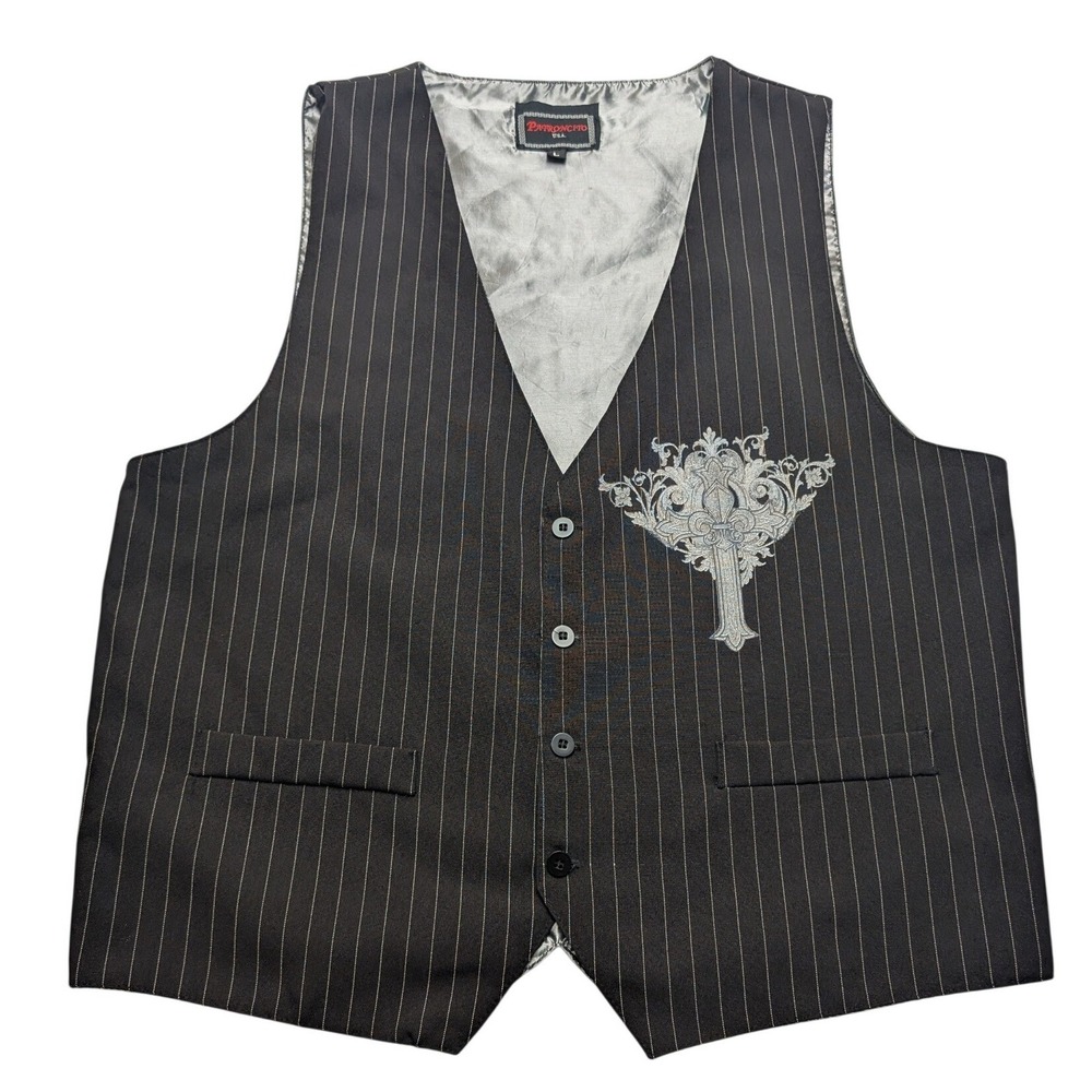 Patroncito USA Pinstripe Vest Mens Large Black Gothic Rhinestone Cross Graphic